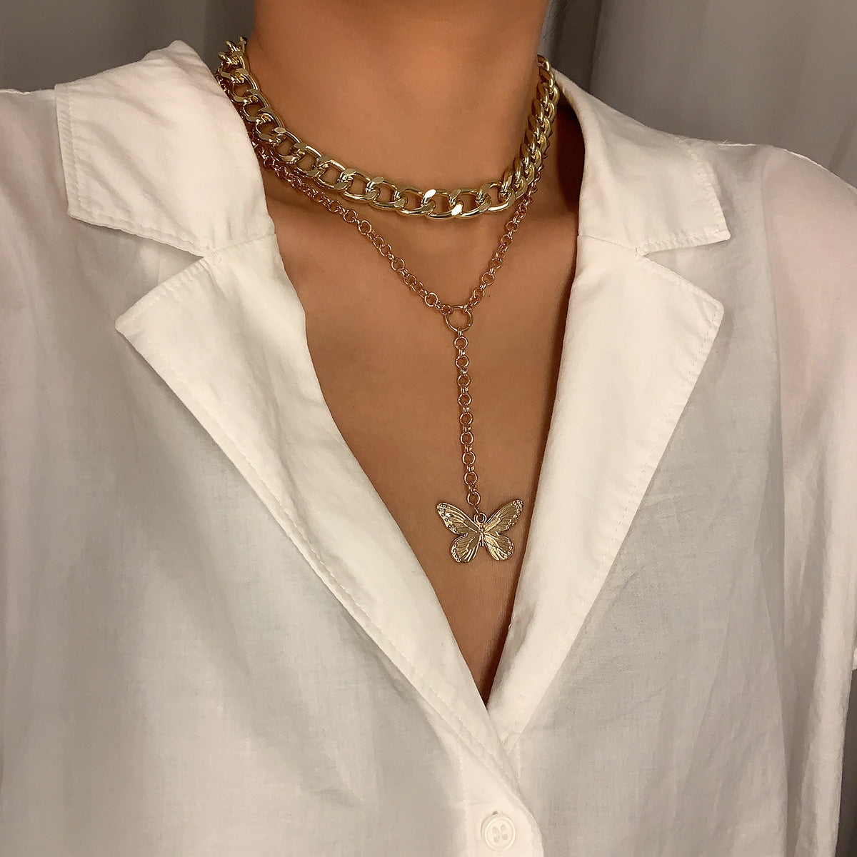 Harajuku Hardware Girls Female Short Butterfly Double Layered Thick Chain Combination Clavicle Necklace