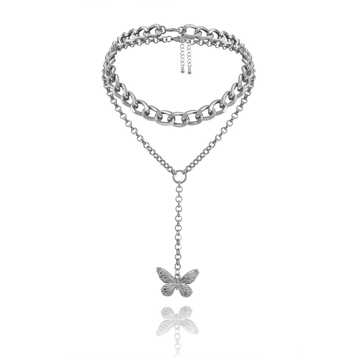 Harajuku Hardware Girls Female Short Butterfly Double Layered Thick Chain Combination Clavicle Necklace