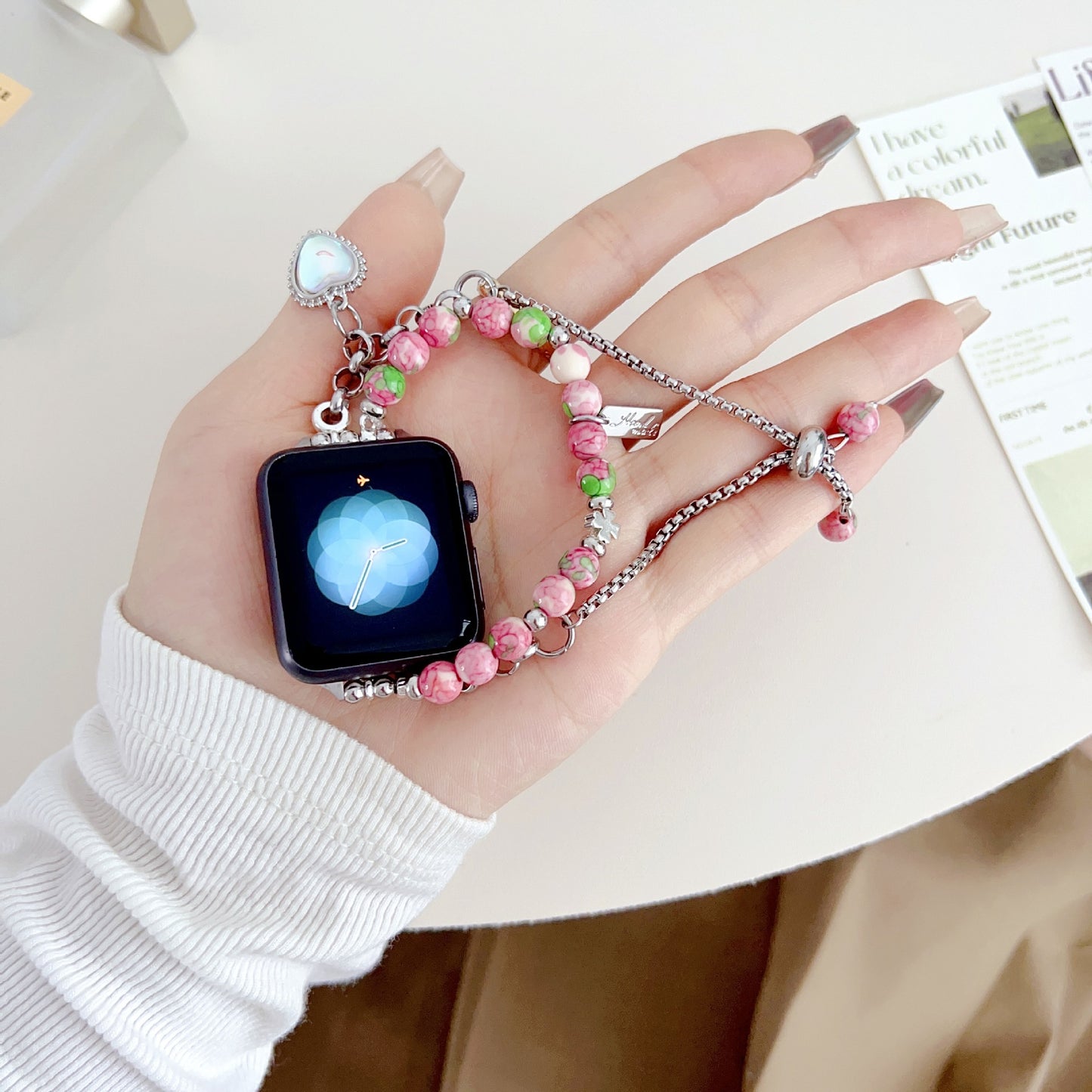 Laser Colorful Love Painted Bead Necklace Shoushan Stone Girls Bracelet Watch Strap