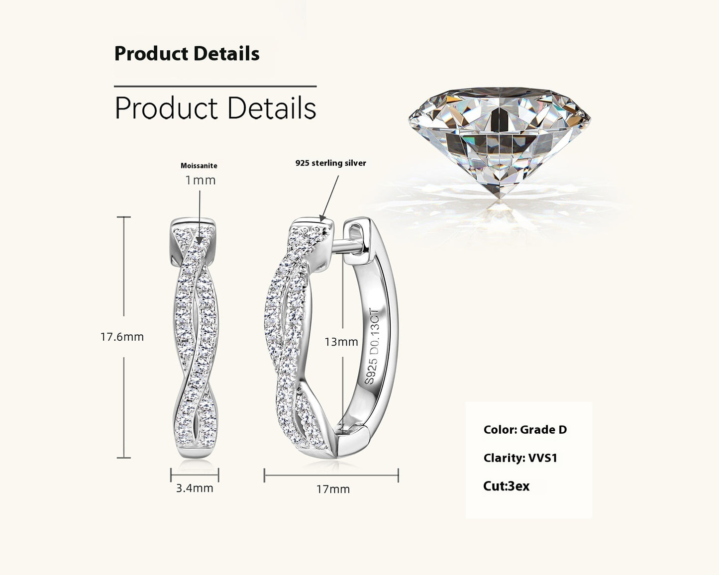 All-matching Moissanite Ear Ring Women's Fashion Twist