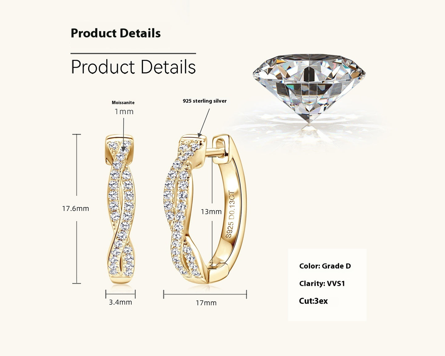 All-matching Moissanite Ear Ring Women's Fashion Twist