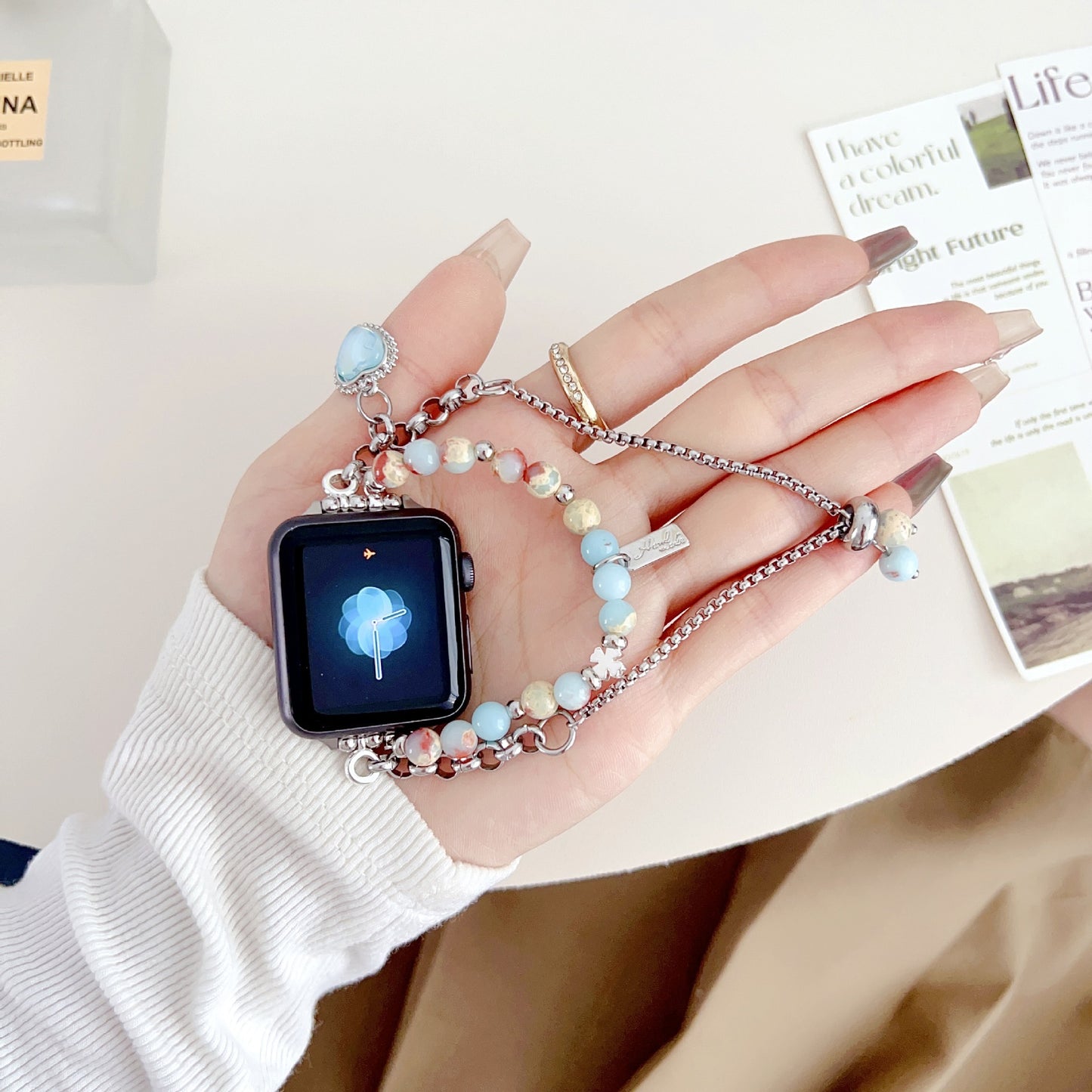 Laser Colorful Love Painted Bead Necklace Shoushan Stone Girls Bracelet Watch Strap